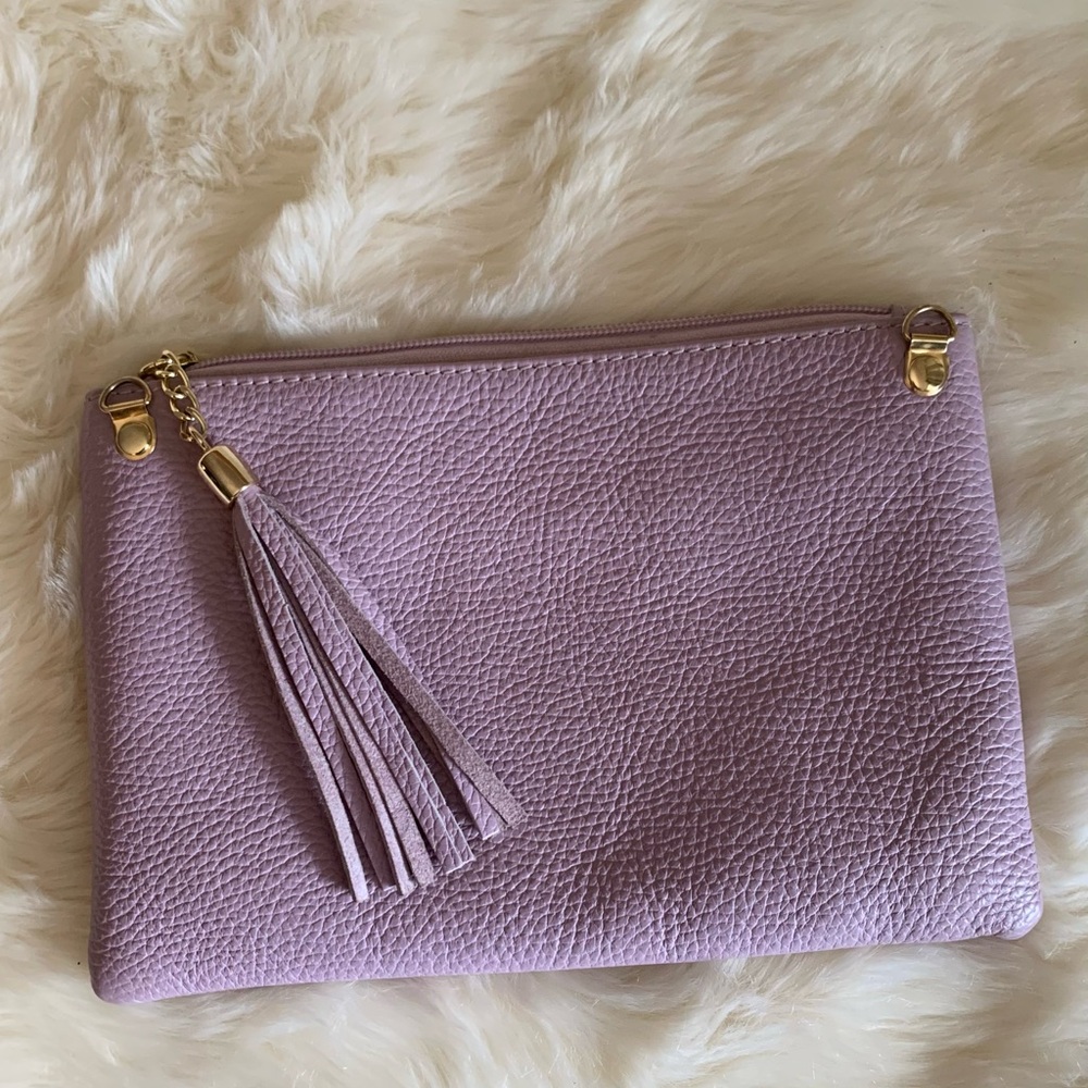 Marbella Lilac Leather Clutch Pouch BAG Tassel detail Crossbody D-rings